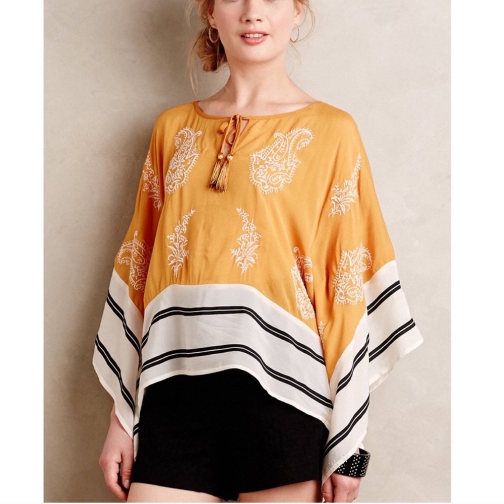 Anthropologie Floreat Sunglow embroidered paisley poncho top with art deco lines - Picture 8 of 12